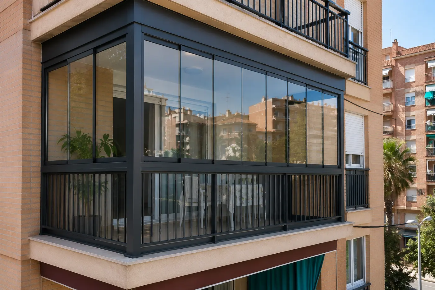 Cerramiento de balcón con perfilería de aluminio antracita y cristal en un edificio de Murcia
