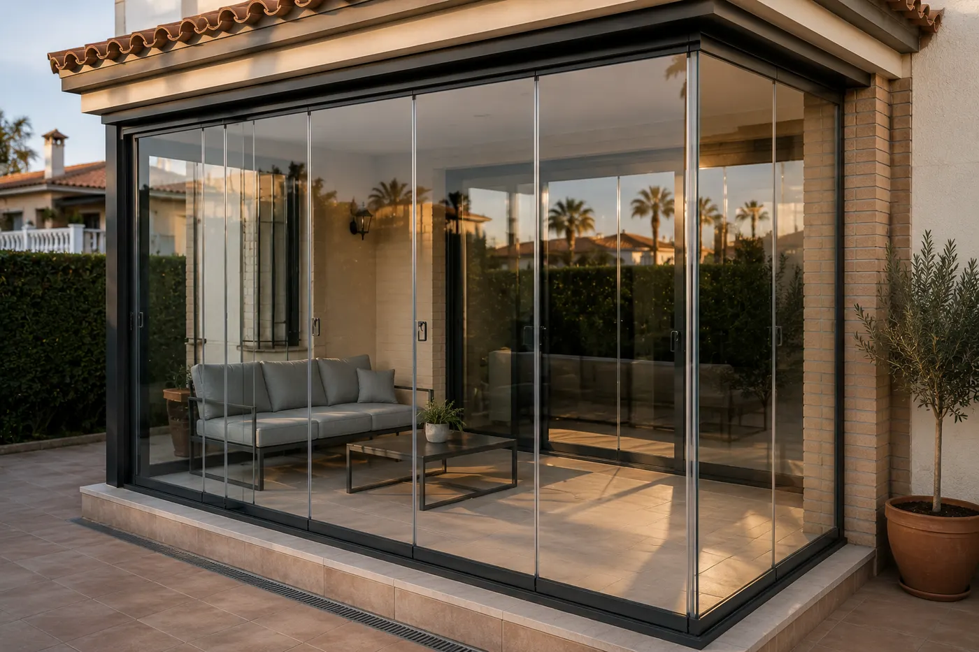 Cerramiento de terraza con cortina de cristal sin perfiles en Murcia