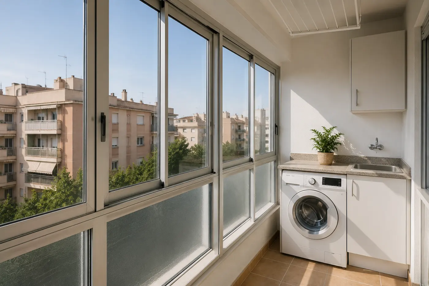 Galería y lavadero cerrados con ventanas correderas de aluminio blanco en un piso de Murcia