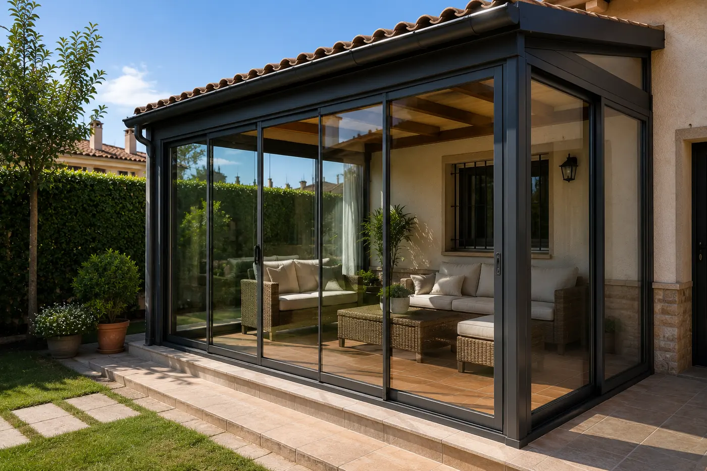 Porche acristalado con corredera de aluminio antracita en una vivienda de Murcia
