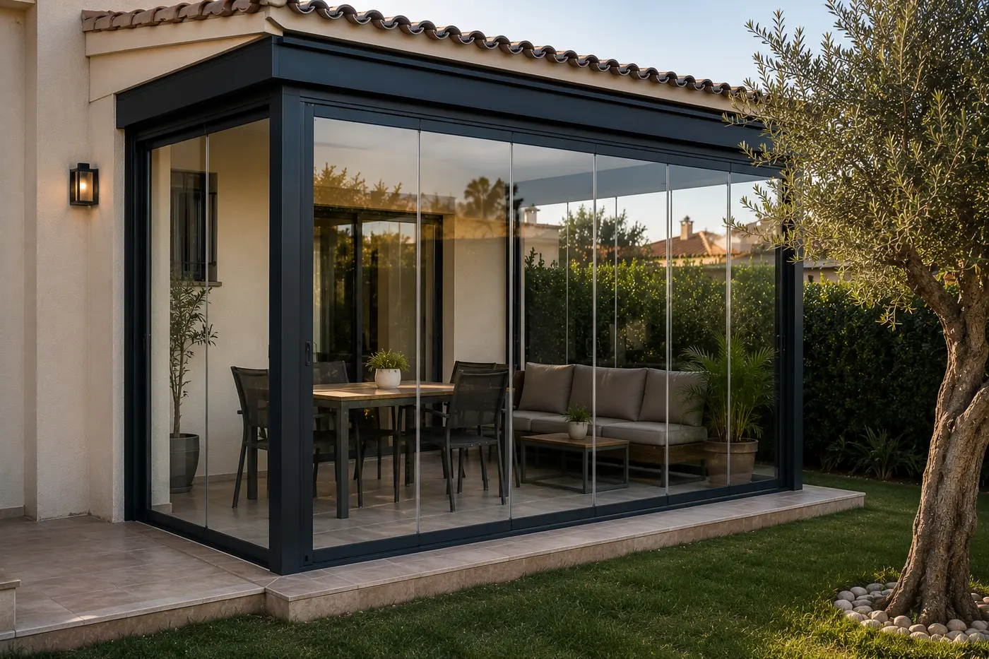 Porche cerrado con cristal y perfilería de aluminio antracita en un chalet de Murcia