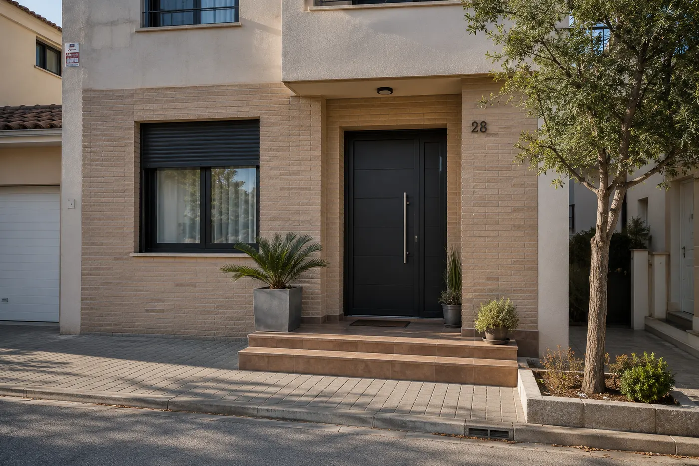 Puerta de entrada de aluminio antracita a medida en una vivienda de Murcia