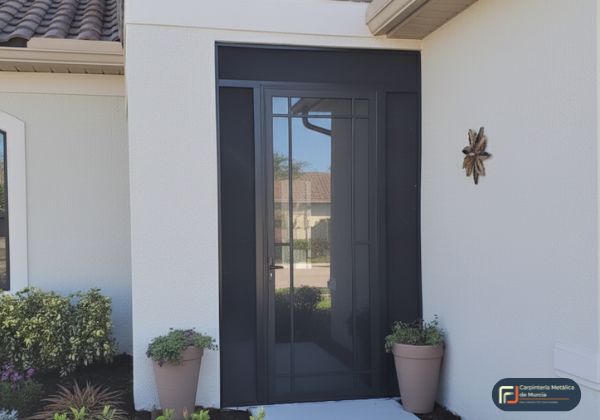 Puerta de aluminio negra para acceso trasero de vivienda en Murcia