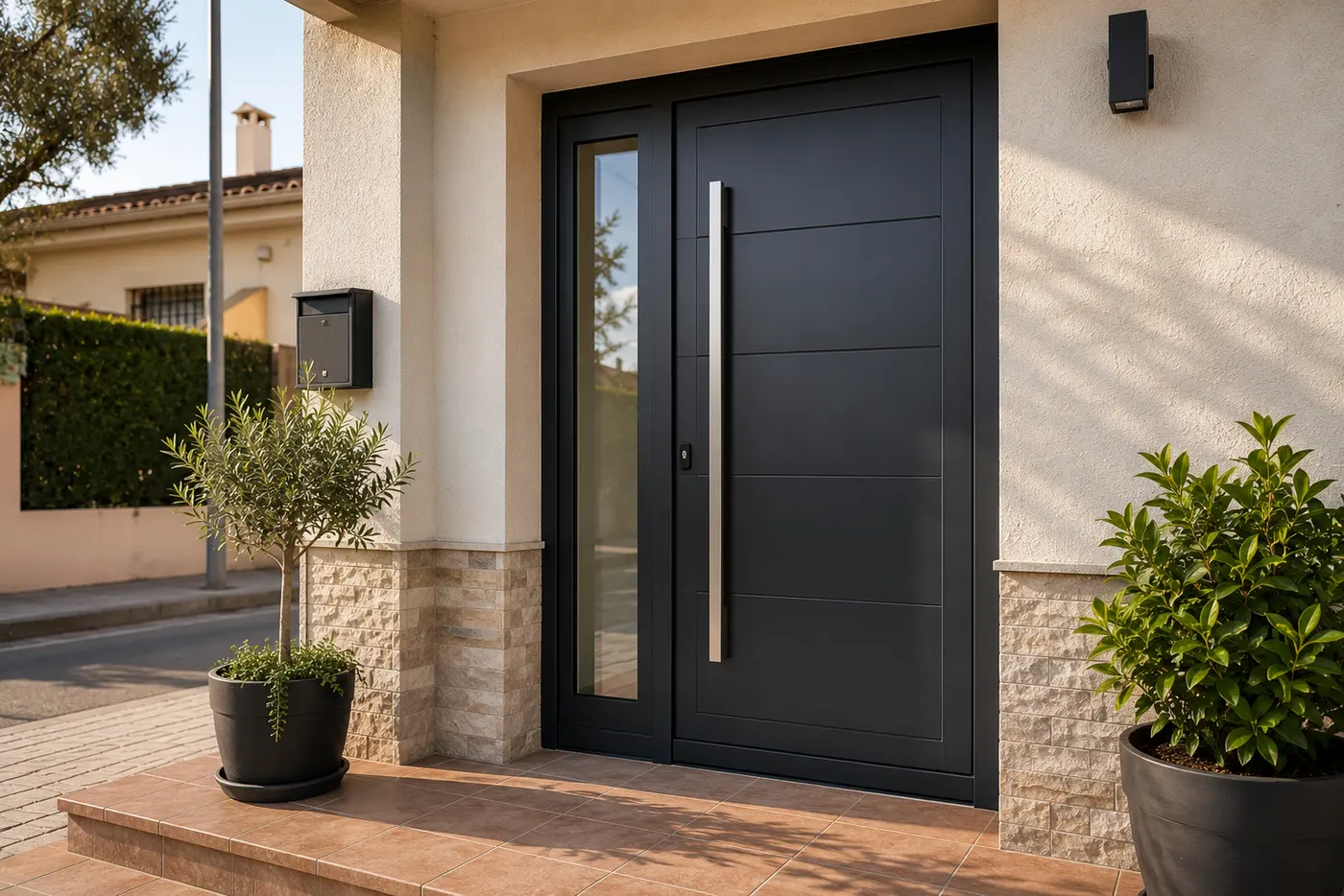 Puerta de entrada de aluminio antracita con fijo lateral acristalado y tirador de acero inoxidable en Murcia