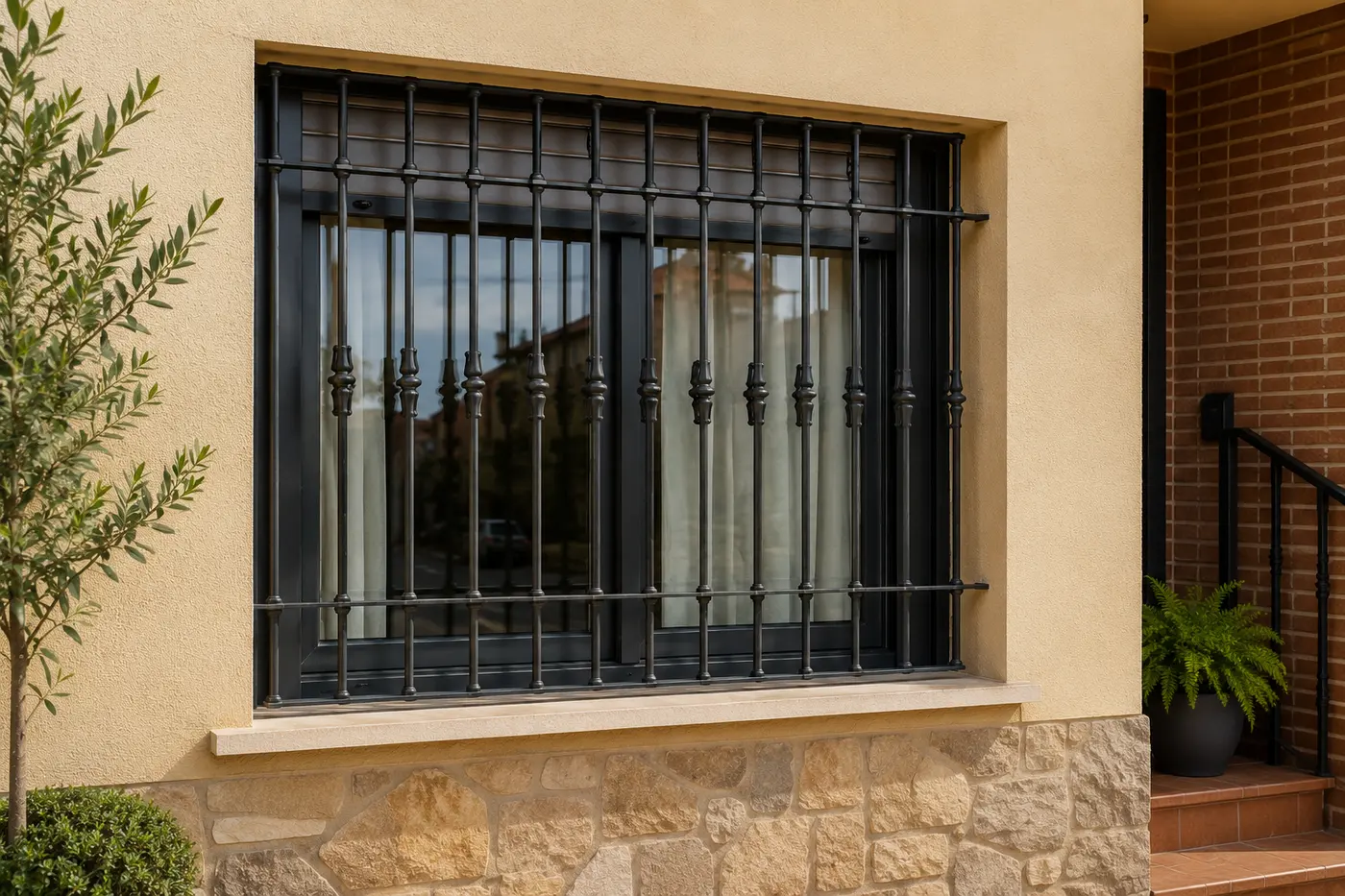Reja de seguridad de hierro con barrotes torneados instalada en la ventana de una vivienda de Murcia