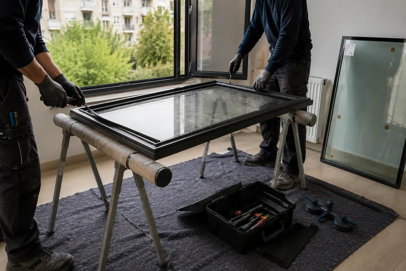 Dos operarios sustituyendo el vidrio de una ventana de aluminio sobre caballetes en una vivienda de Murcia