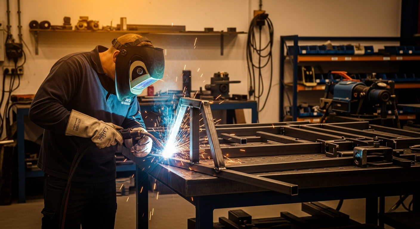 Soldador trabajando una estructura metálica en el taller de carpintería metálica de Murcia