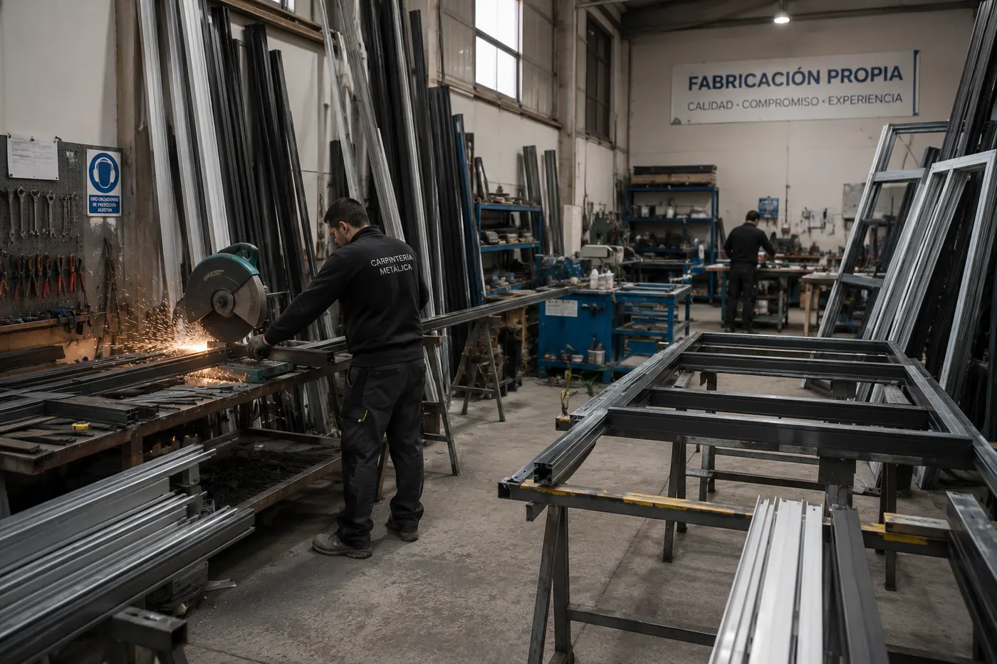 Operarios fabricando carpintería metálica a medida en el taller propio de Murcia