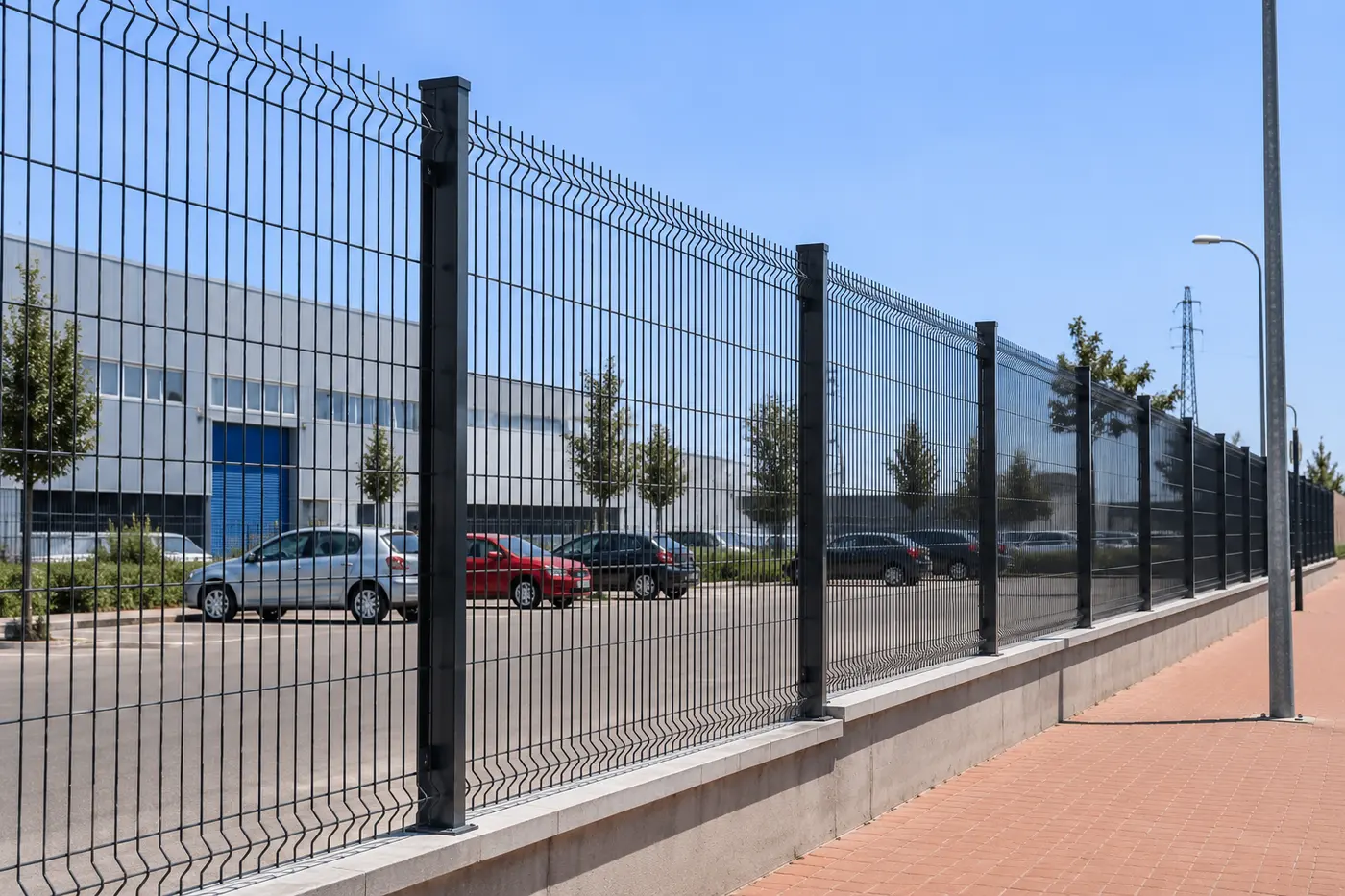 Vallado de malla electrosoldada con postes de acero cercando una nave industrial en Murcia