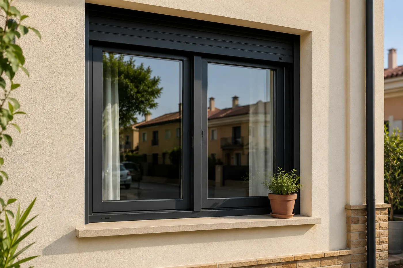Ventana corredera de aluminio antracita con persiana en la fachada de una vivienda de Murcia